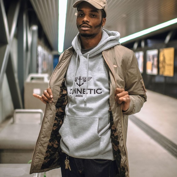 Connetic Deck Long Satin Bomber Jacket in Khaki. - Picture 2 of 3